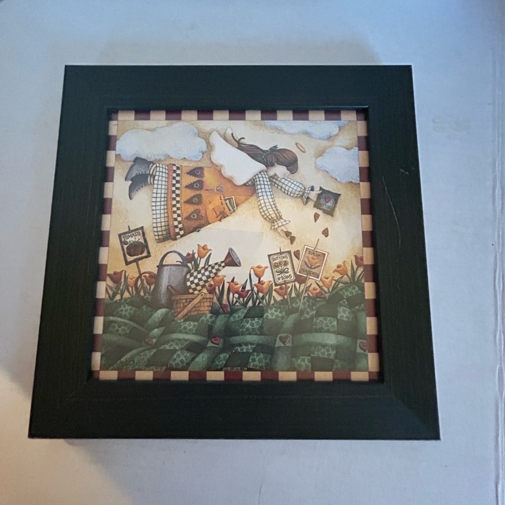 Charming Angel Garden Wall Art in Green Wood Frame